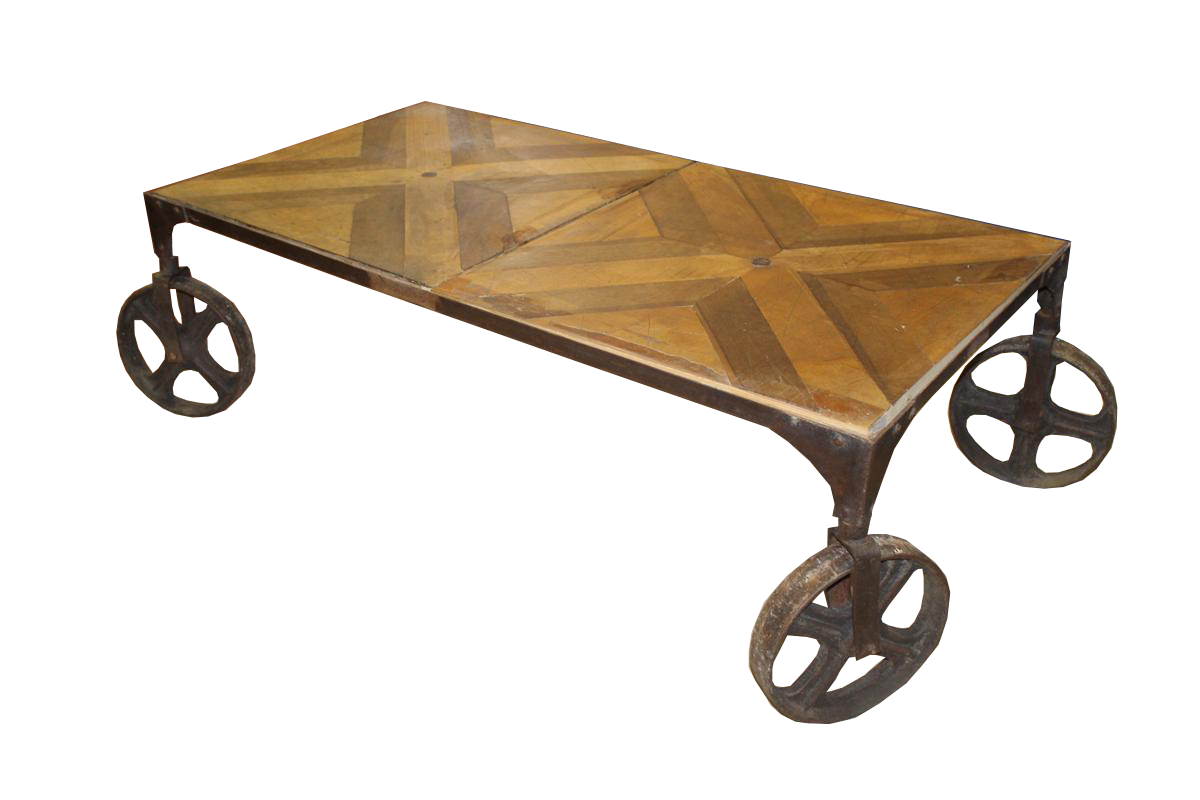 Tavolini da salotto: Tavolino con ruote in ferro e piano in parquet vintage